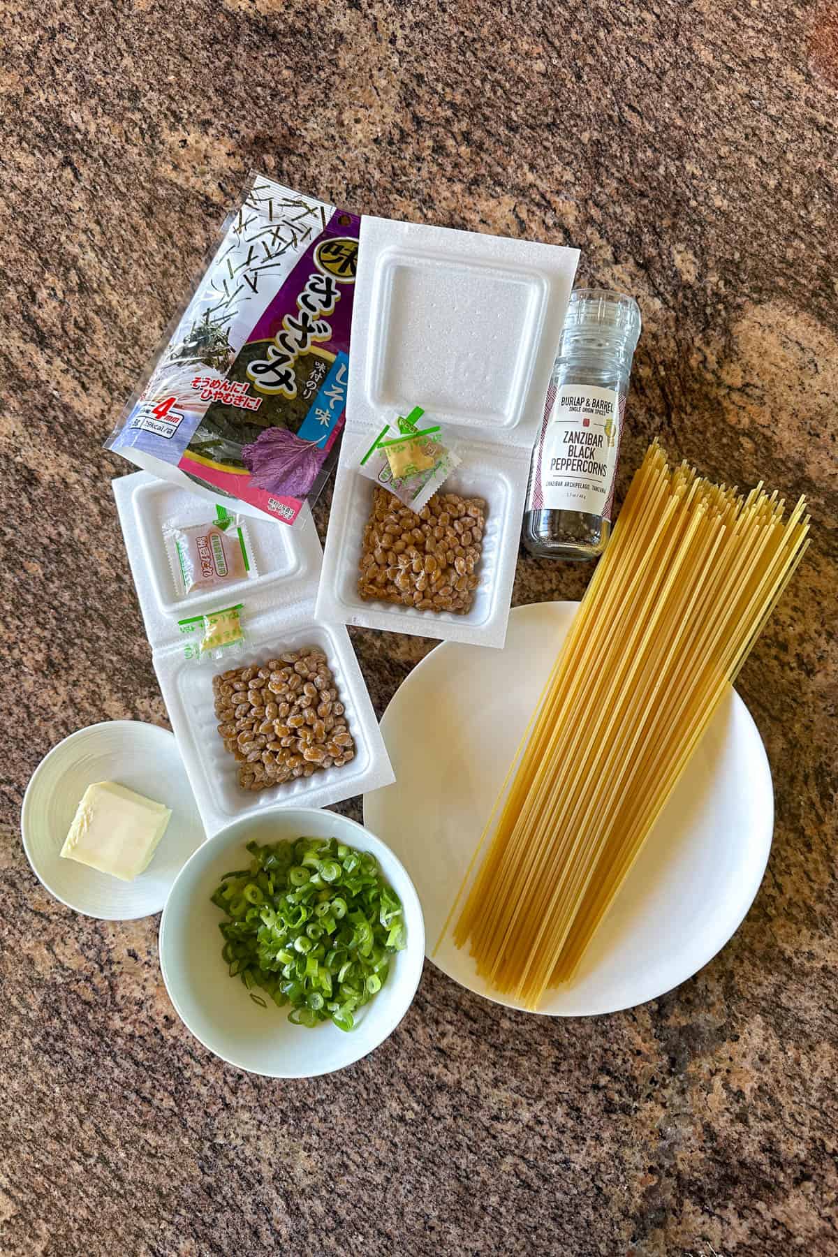 Ingredients to make Natto Spaghetti.