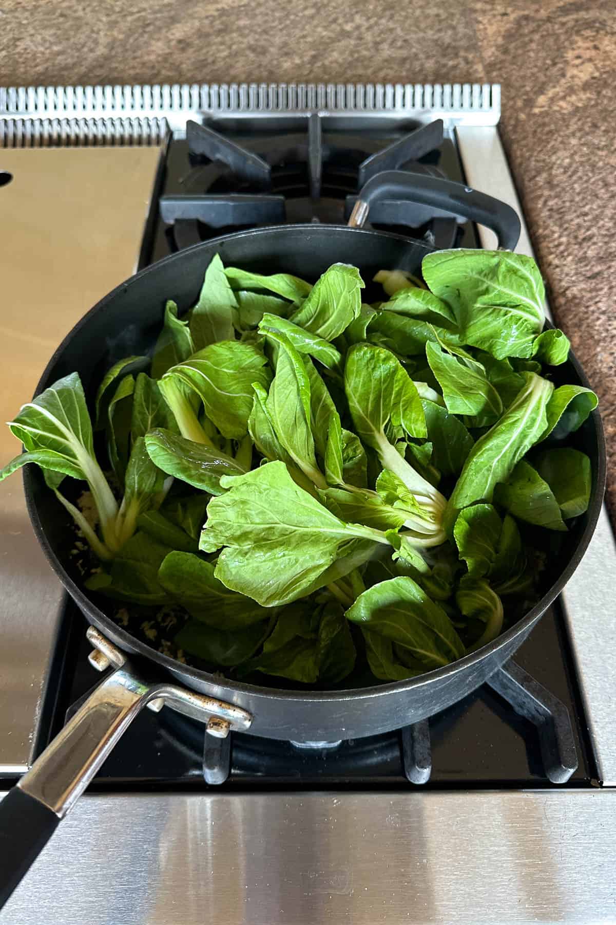 Making bok choy stir fry.