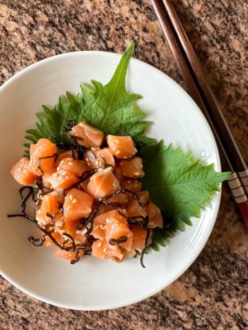 Shio kombu salmon sashimi.