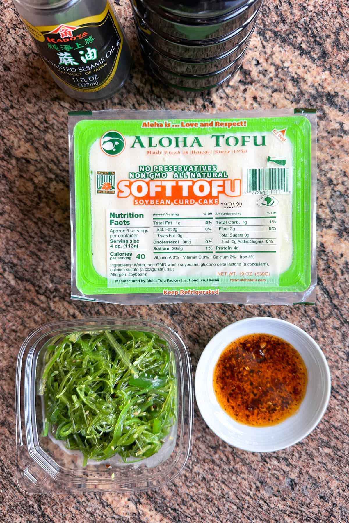 Ingredients for Cold Tofu Seaweed Chile Crisp.