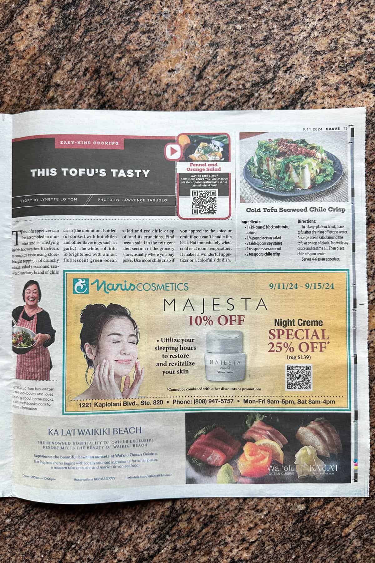 Cold Tofu Seaweed Chile Crisp newspaper article.