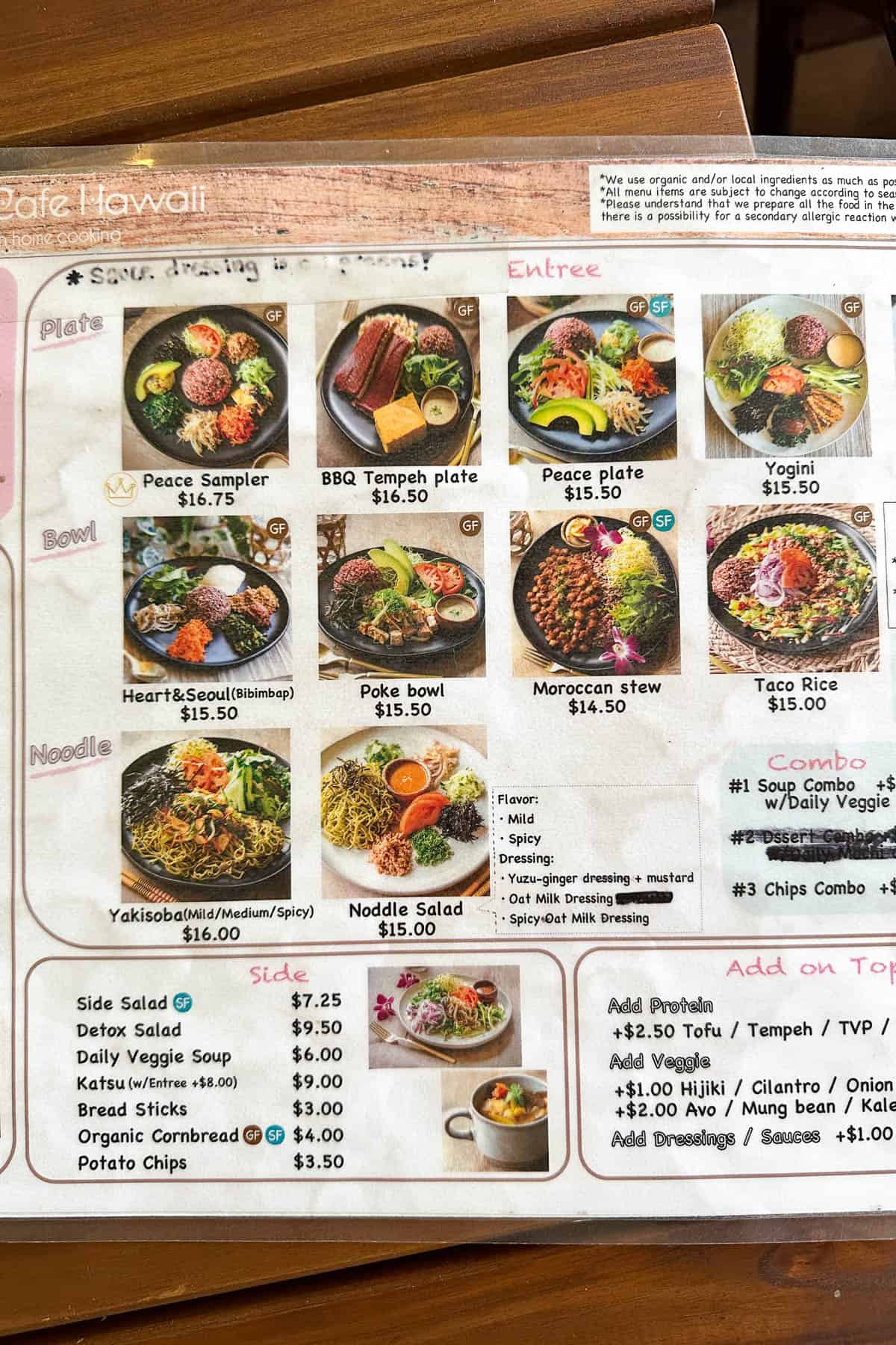 Menu at Peace Cafe.