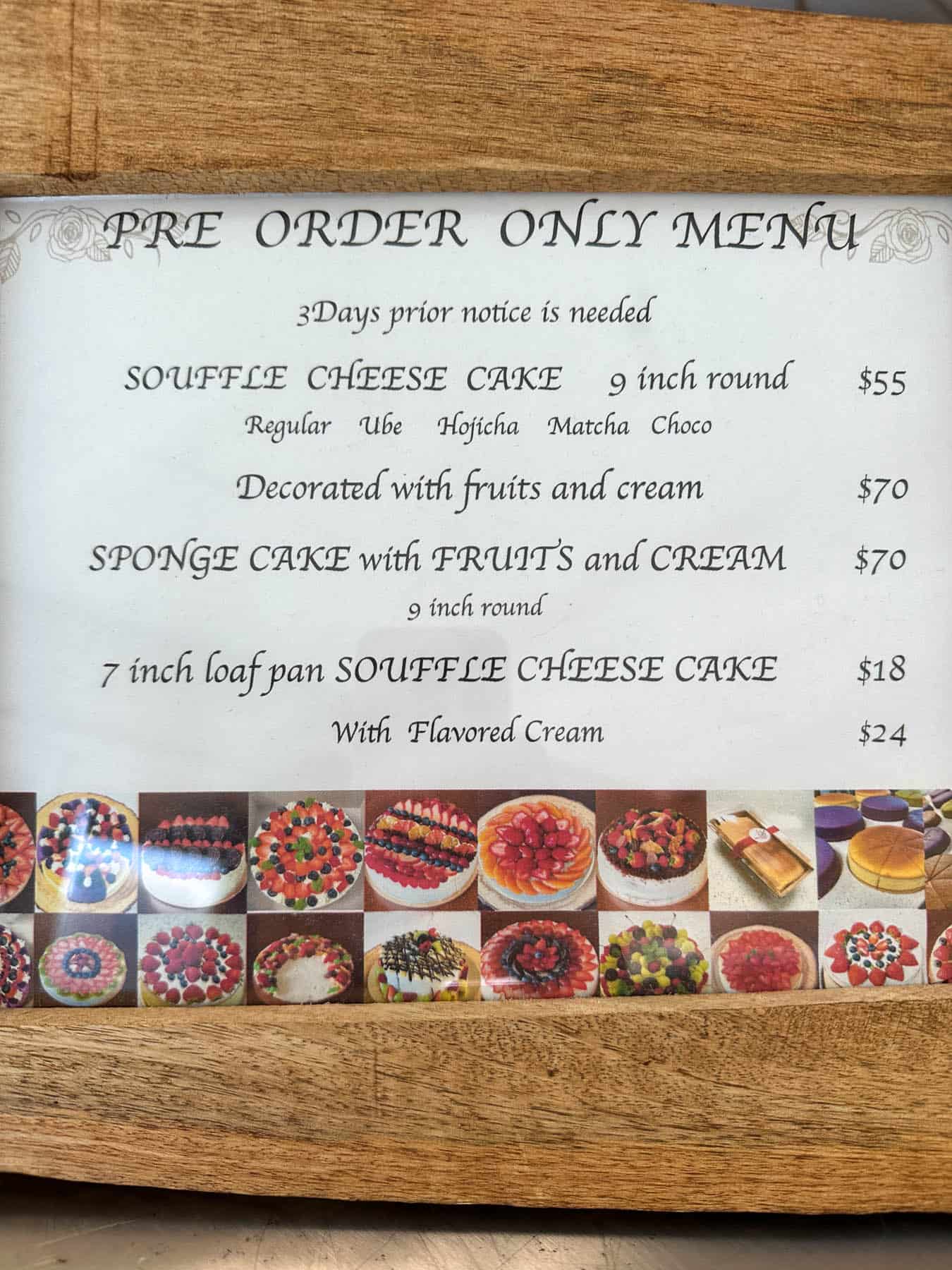 Whole cake menu at Sachi Sweets.