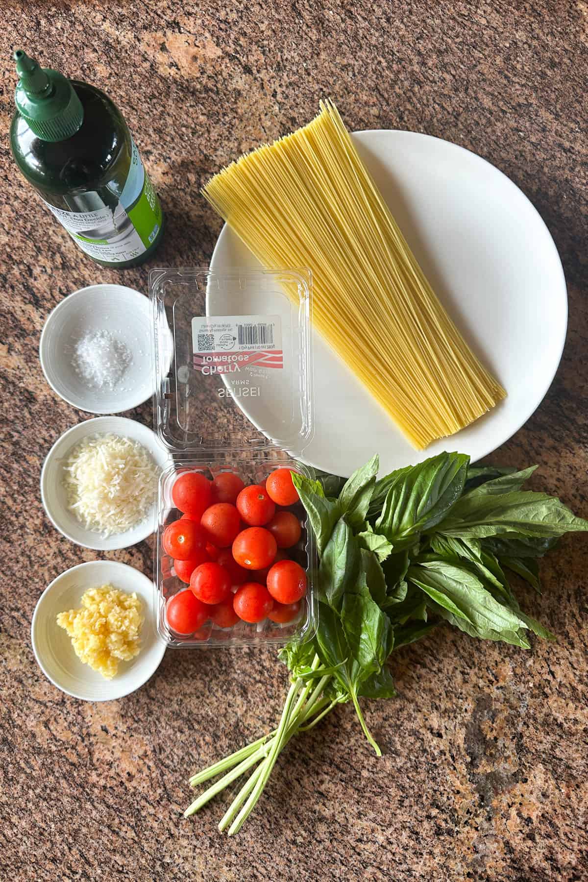 Ingredients for cherry tomato pasta.