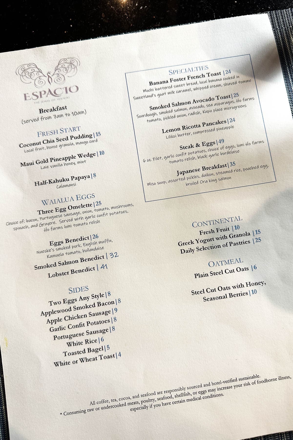 Breakfast menu at Mugen Waikiki.