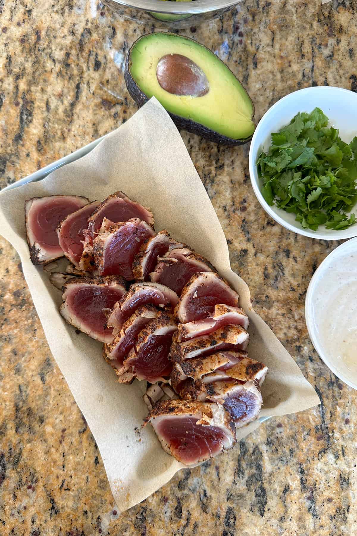 Seared tuna steaks.