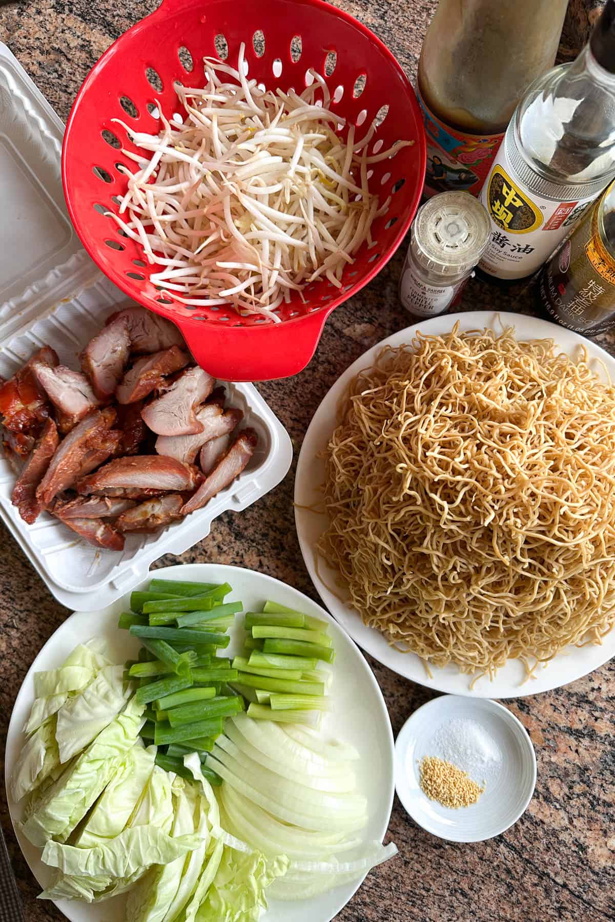 Ingredients to make char siu chow mein.