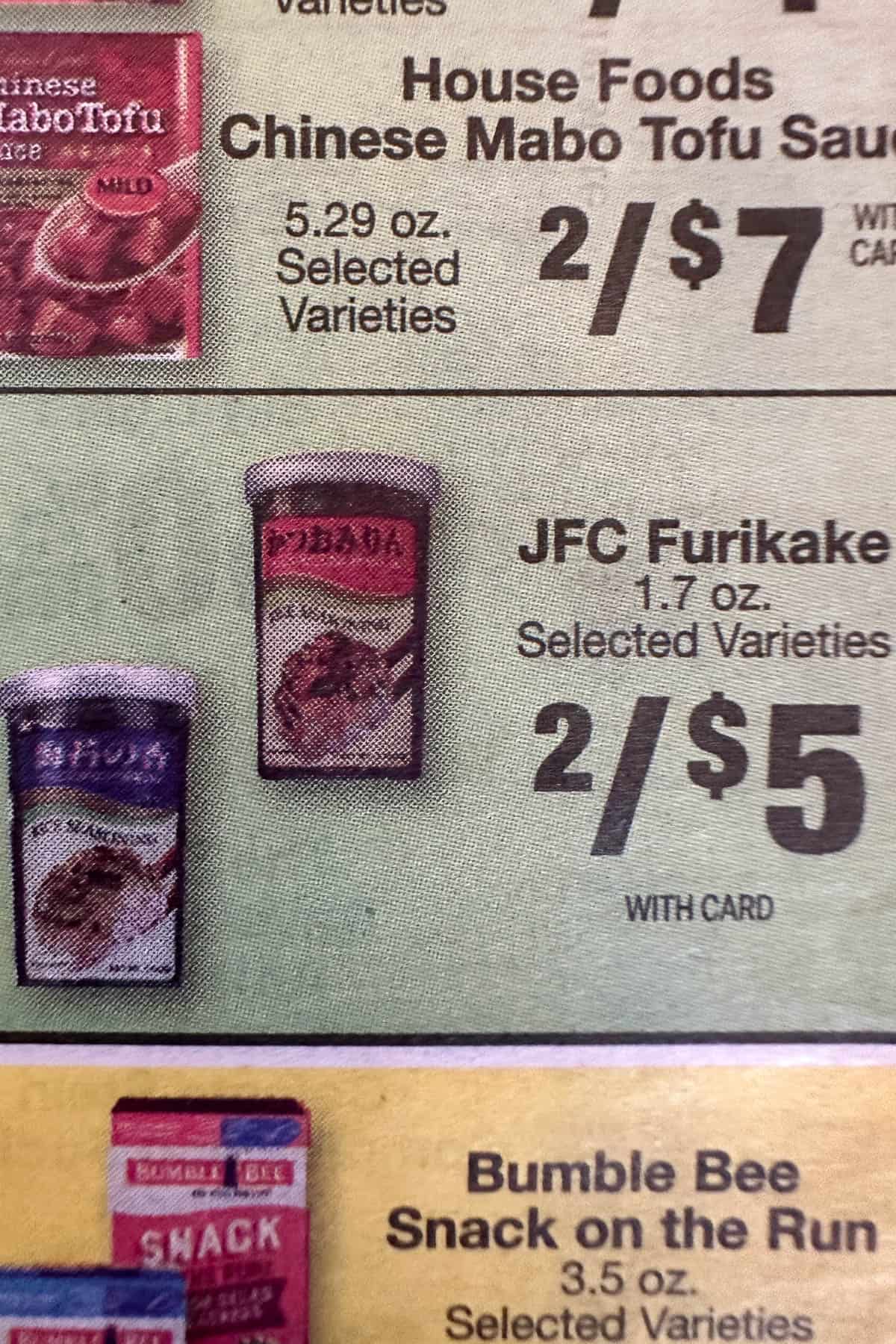 Sale ad for furikake from Longs Drugs.