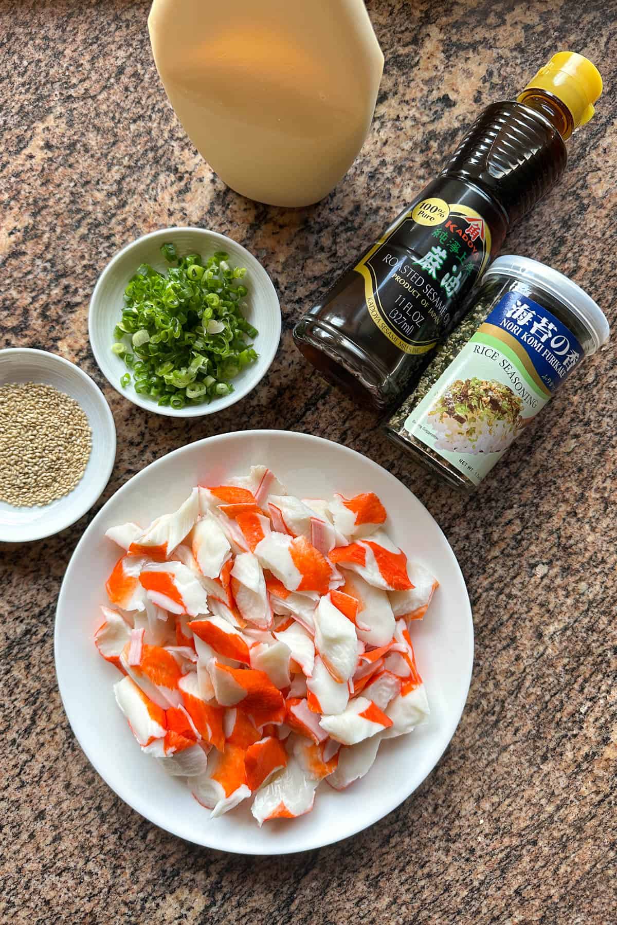 Ingredients for imitation crab salad.