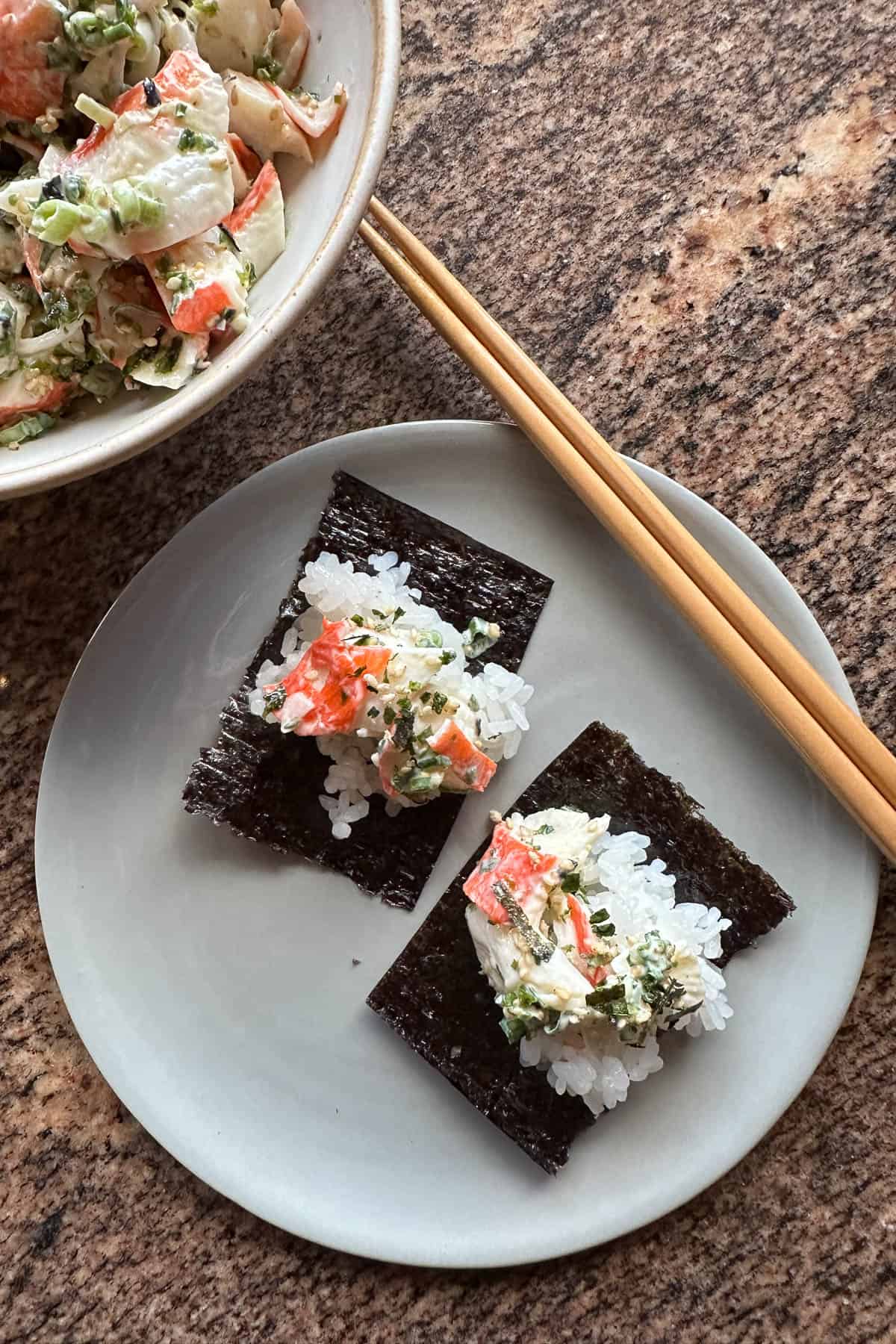 Nori with rice and imitation crab salad.