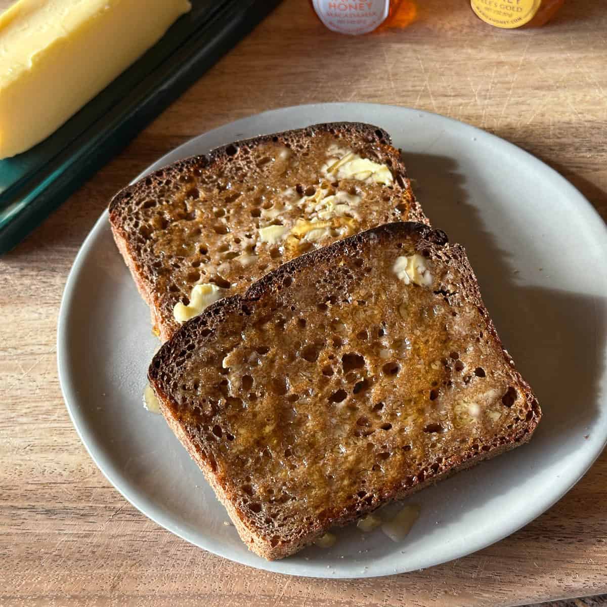 Honey butter toast on rye bread from Breadshop.