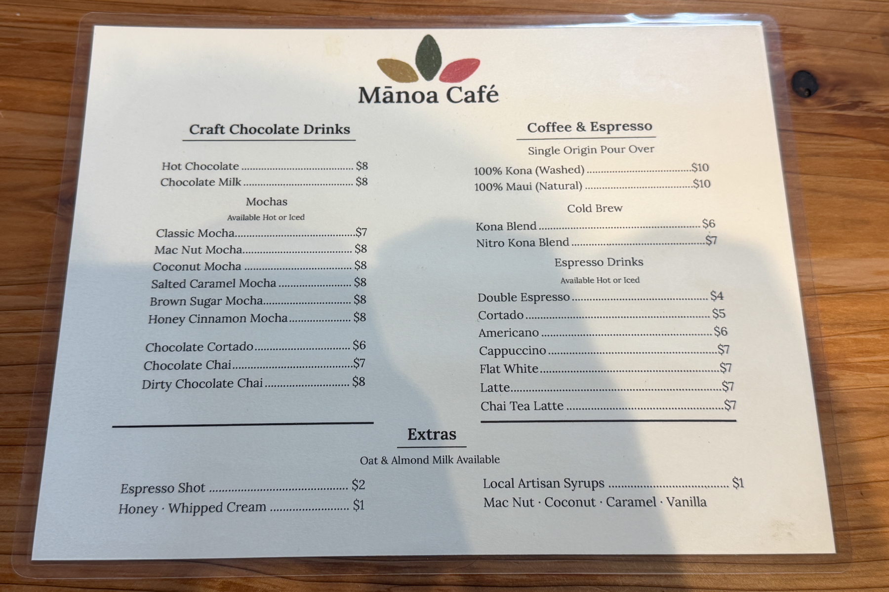 Manoa Chocolate cafe menu.