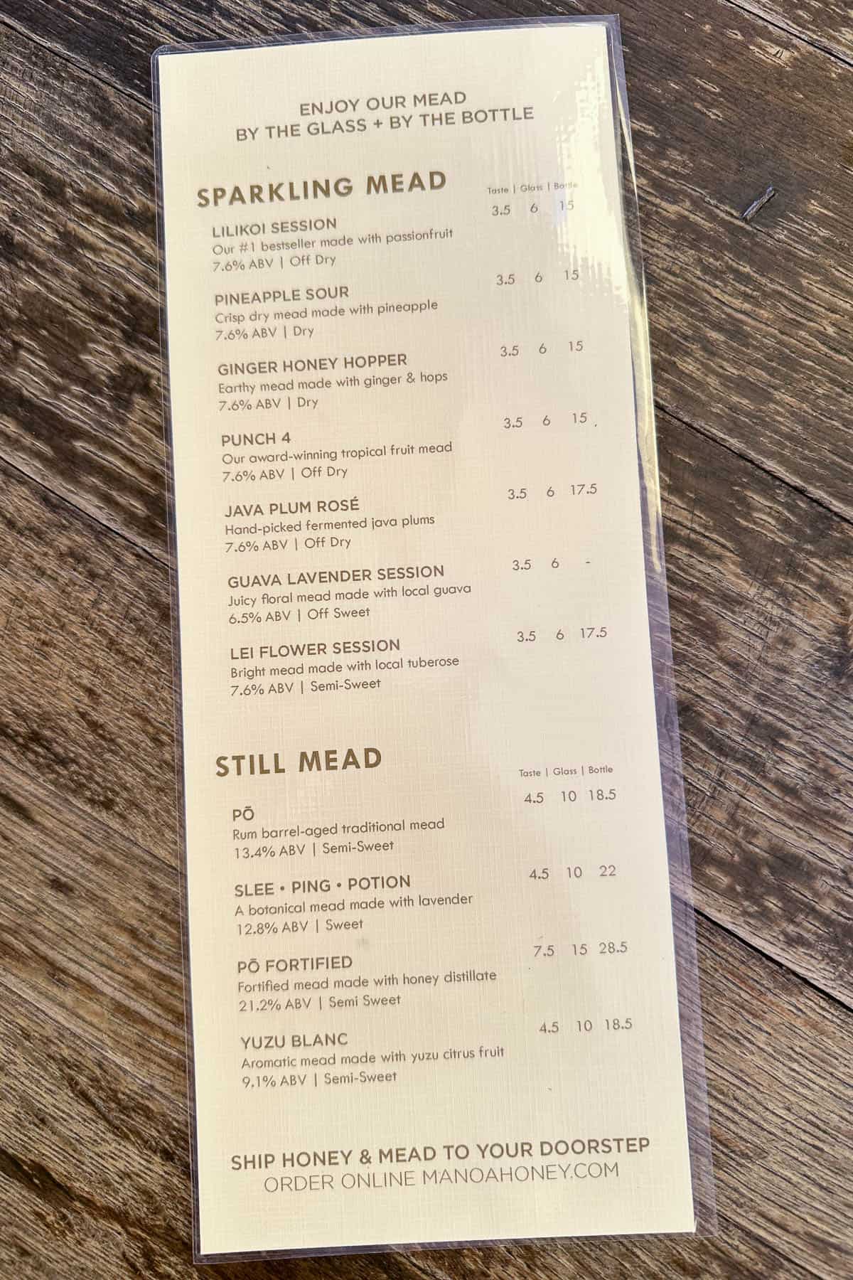 Tasting menu at Manoa Honey & Mead.
