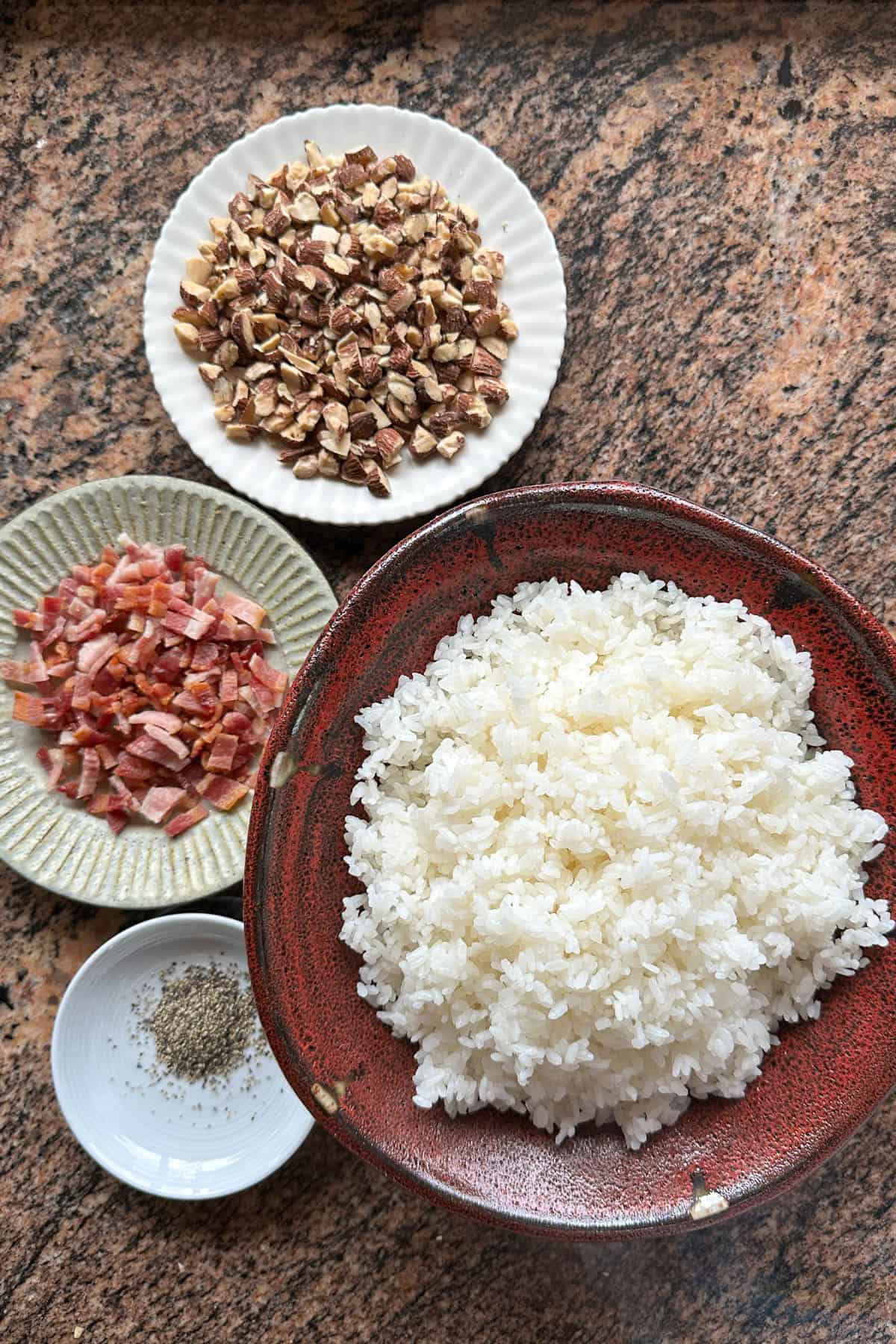 Ingredients for making Bacon Almond Onigiri Musubi.