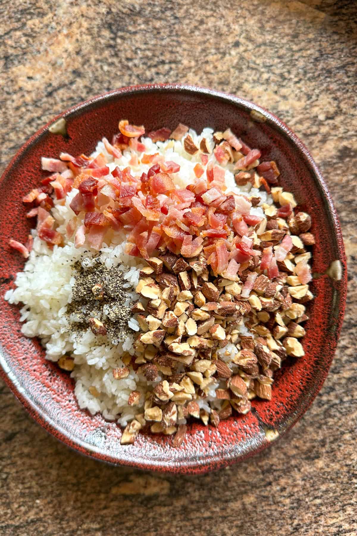 Making Bacon Almond Onigiri Musubi.