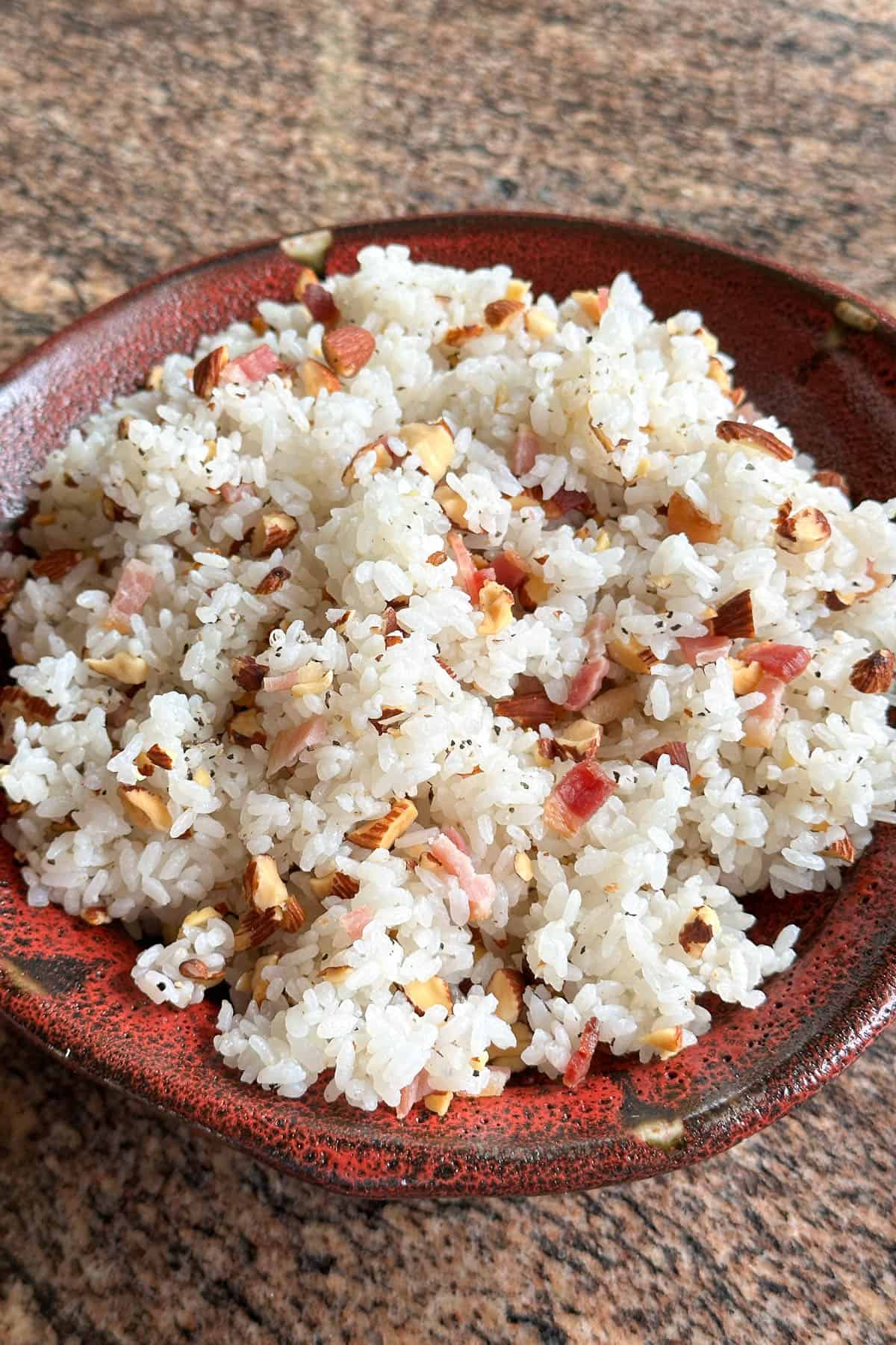 Making Bacon Almond Onigiri Musubi.