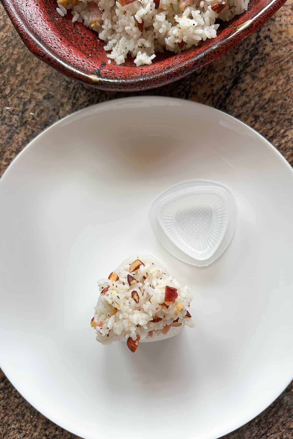 Making Bacon Almond Onigiri Musubi.