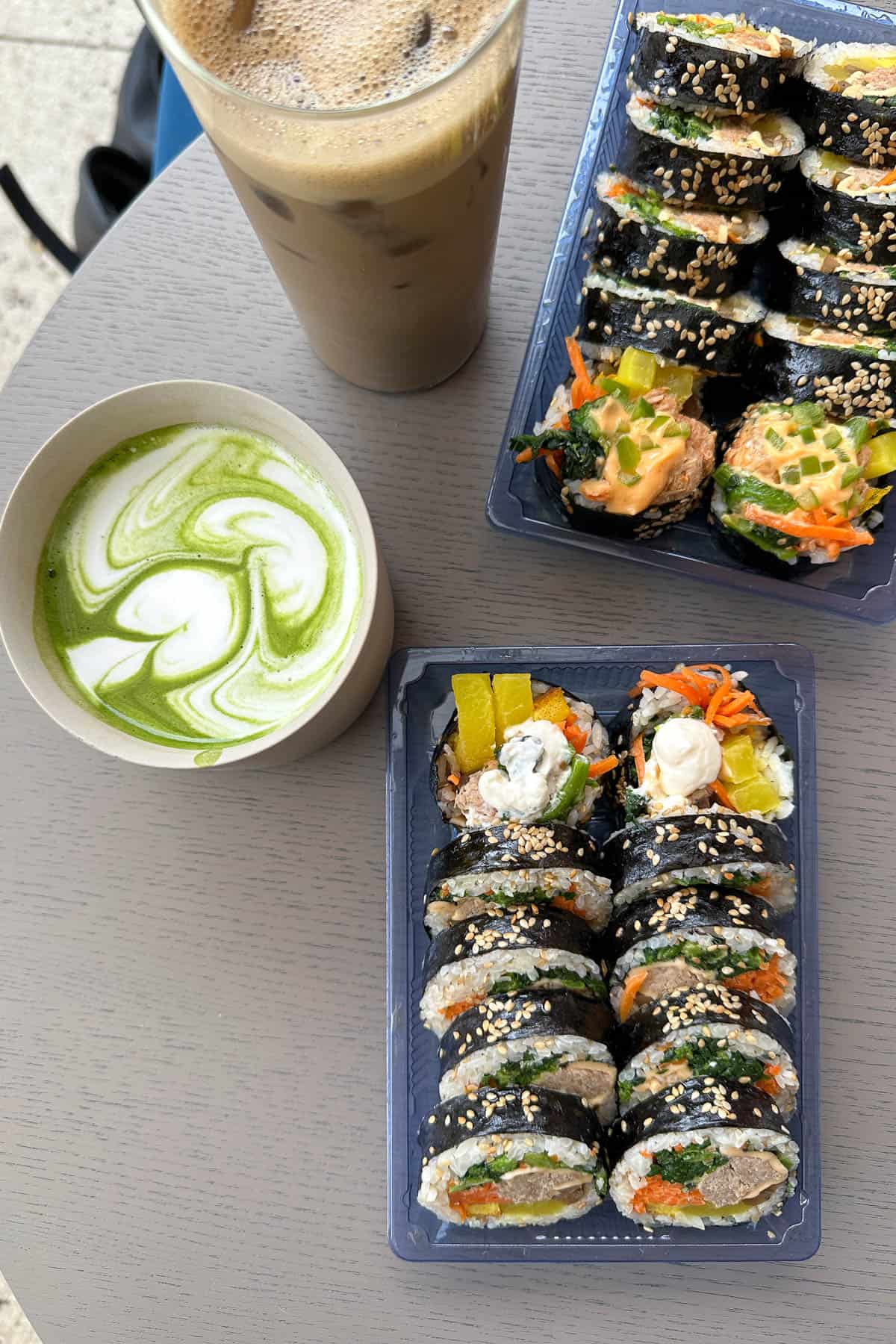 Kimbap from Kimbap Plus and matcha latte from Ando Cafe.