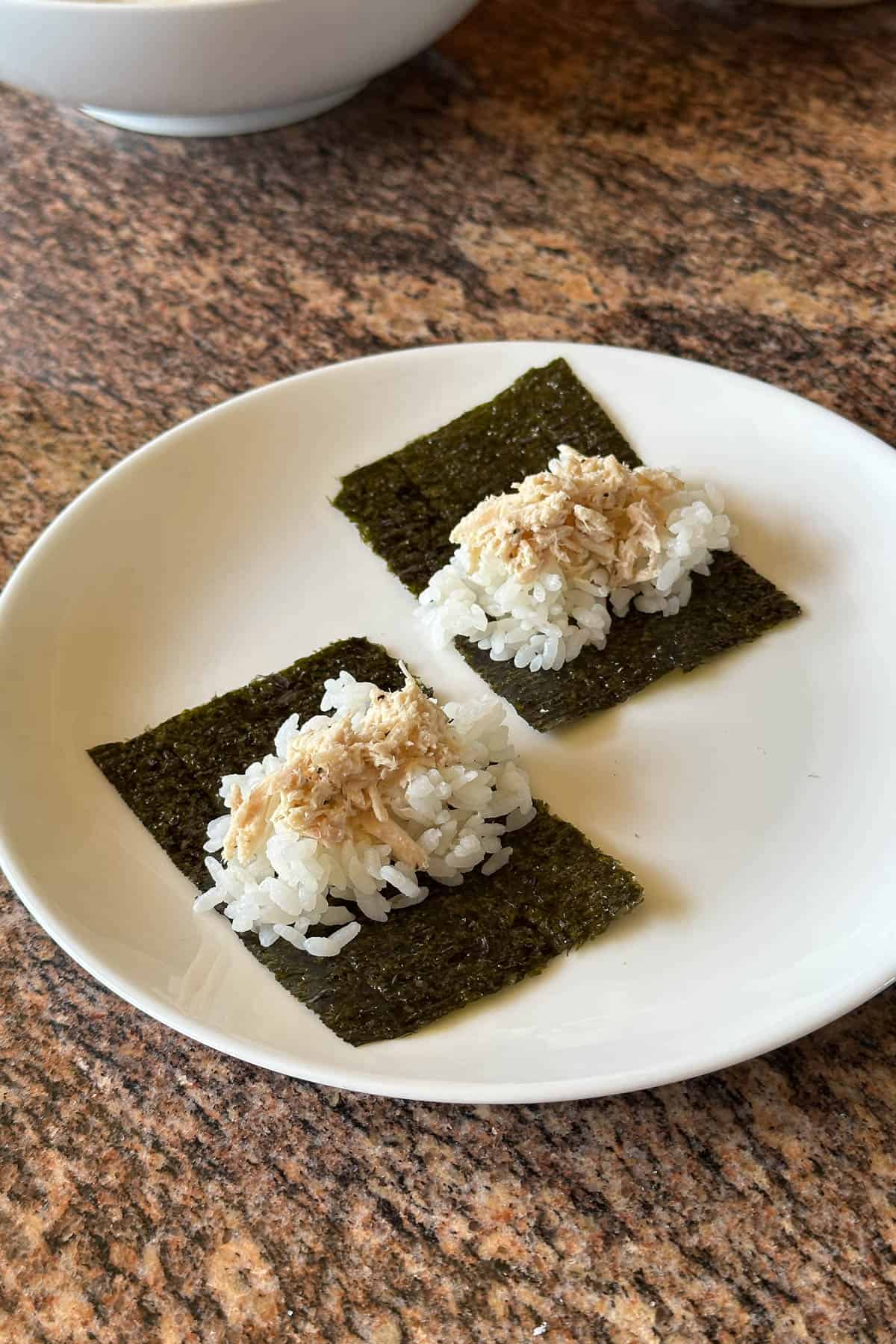 Making hand rolls with leftover tuna mayo onigiri ingredients.