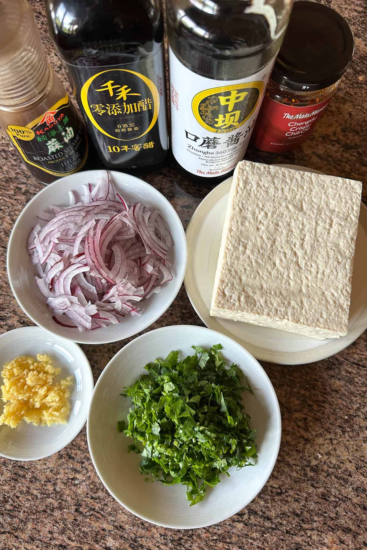 Ingredients for making Cold Tofu with Chili Oil.