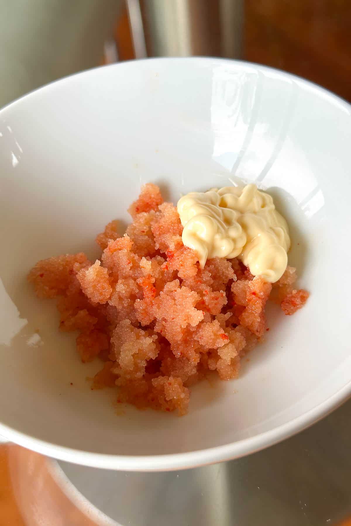 Making mentaiko mayo filling for Mentaiko Onigiri / Musubi.