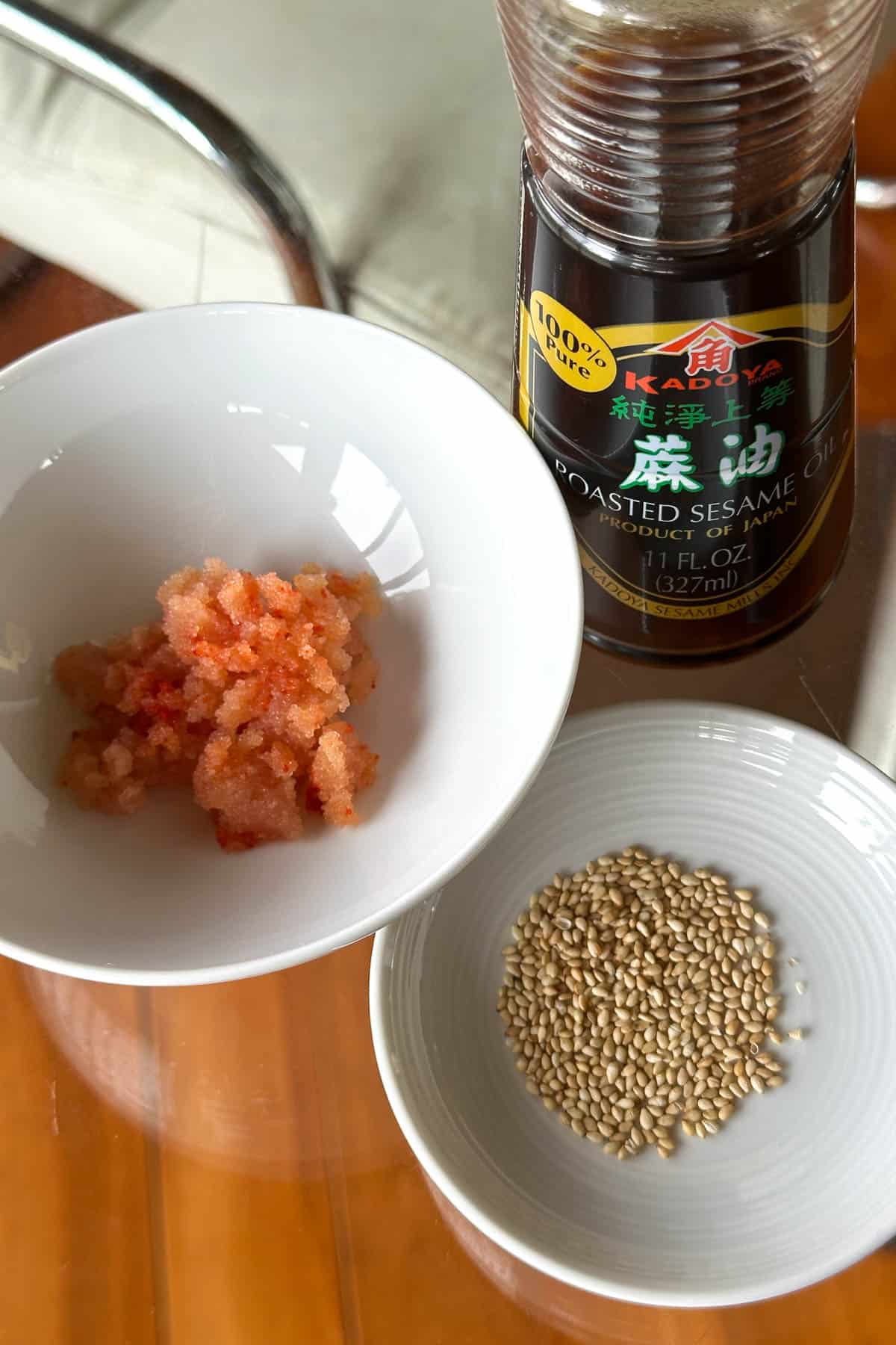 Making sesame oil mentaiko filling for Mentaiko Onigiri / Musubi.