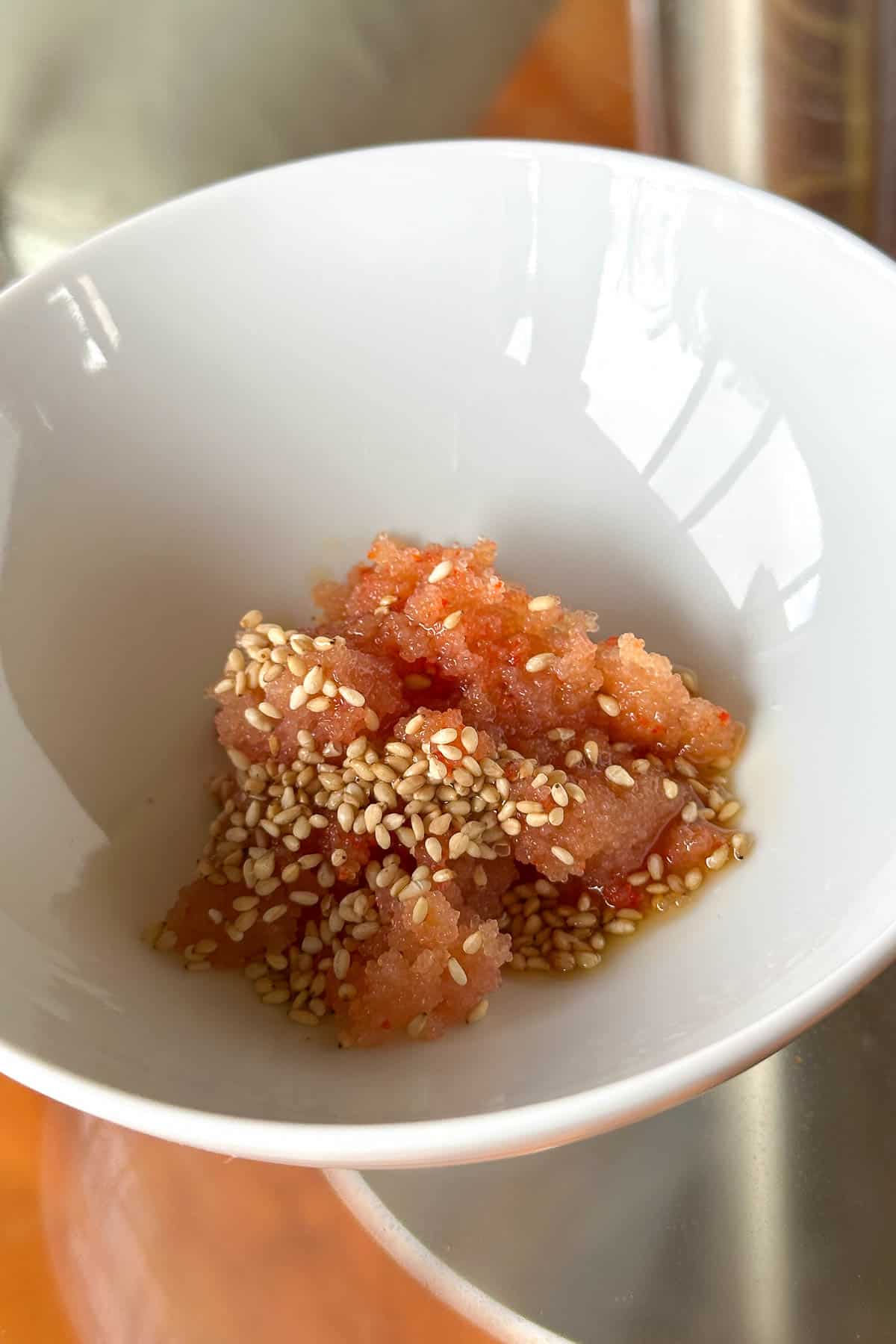 Making sesame oil mentaiko filling for Mentaiko Onigiri / Musubi.