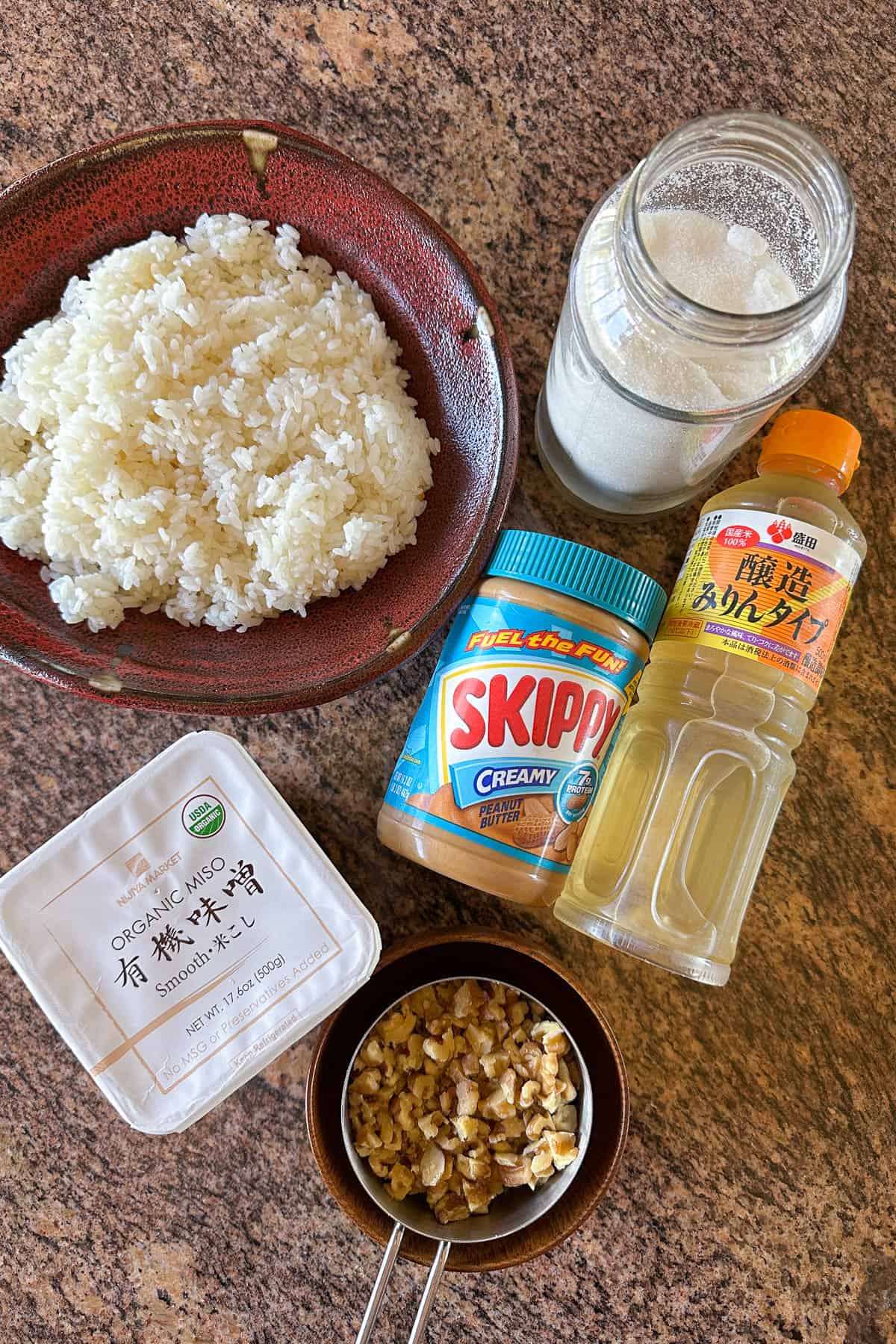 Ingredients for making Miso Walnut Onigiri / Musubi.