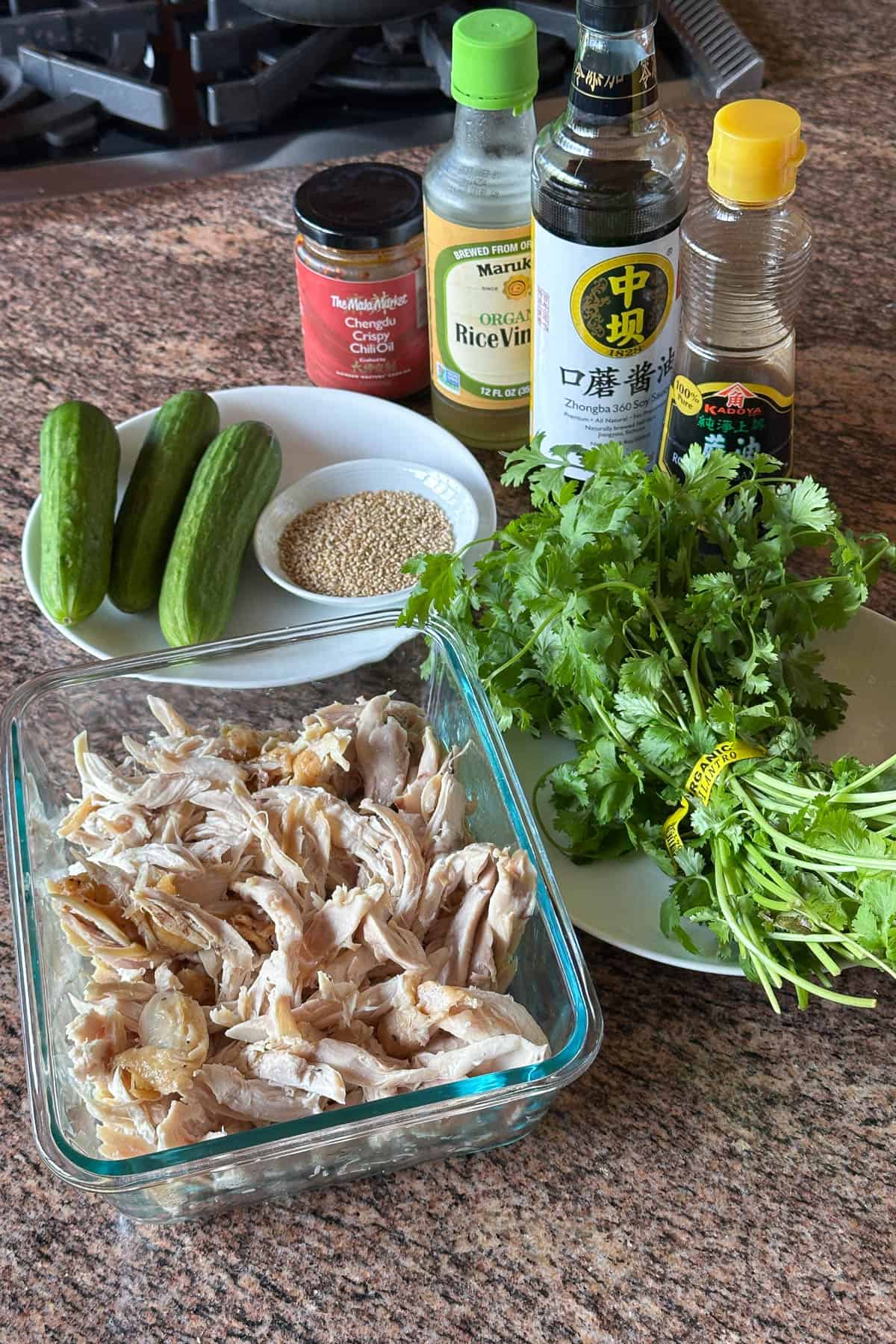 Ingredients for making Shredded Chicken and Cucumbers.