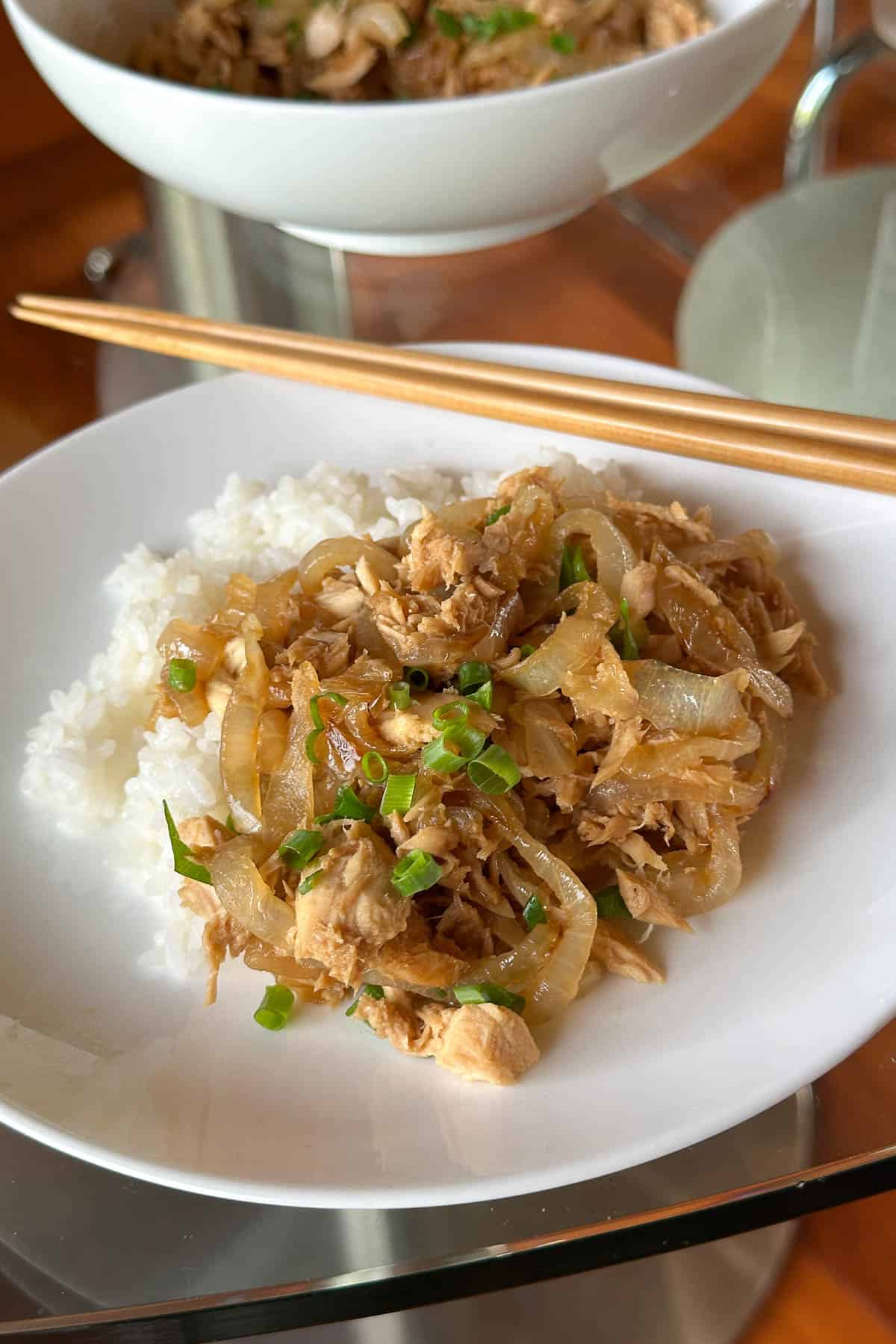 Tuna and Onion Stir-Fry with rice.