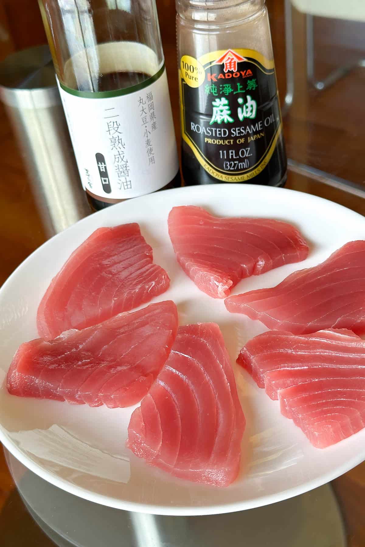 Ingredients for ahi tuna sashimi with sesame oil and soy sauce.