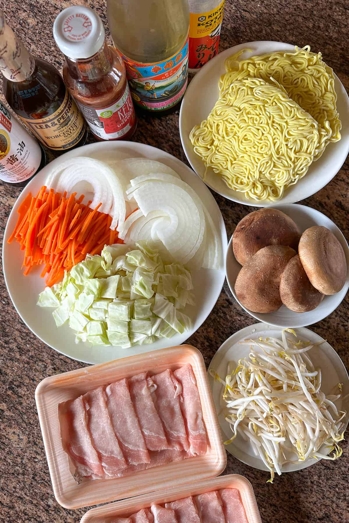Ingredients for making yakisoba.