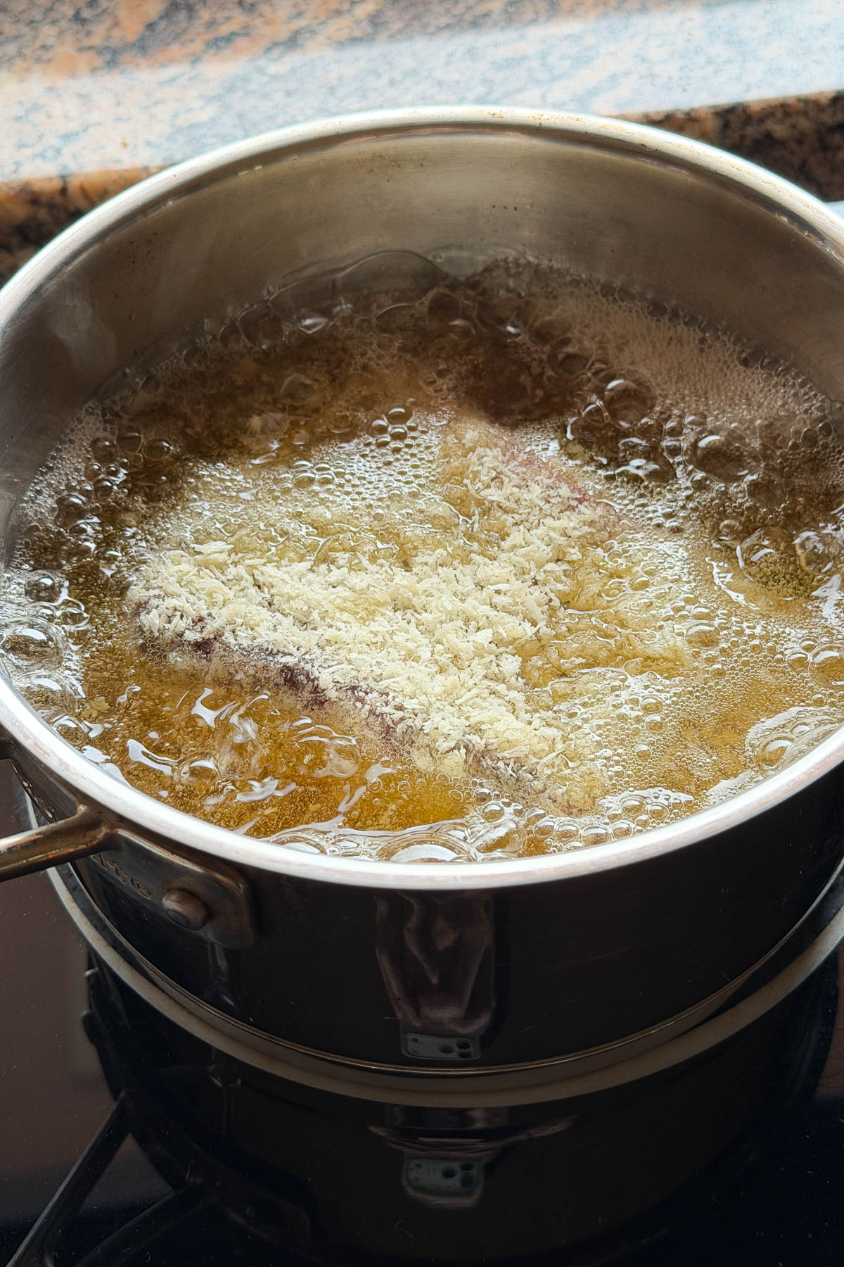 Deep frying Ahi Katsu.