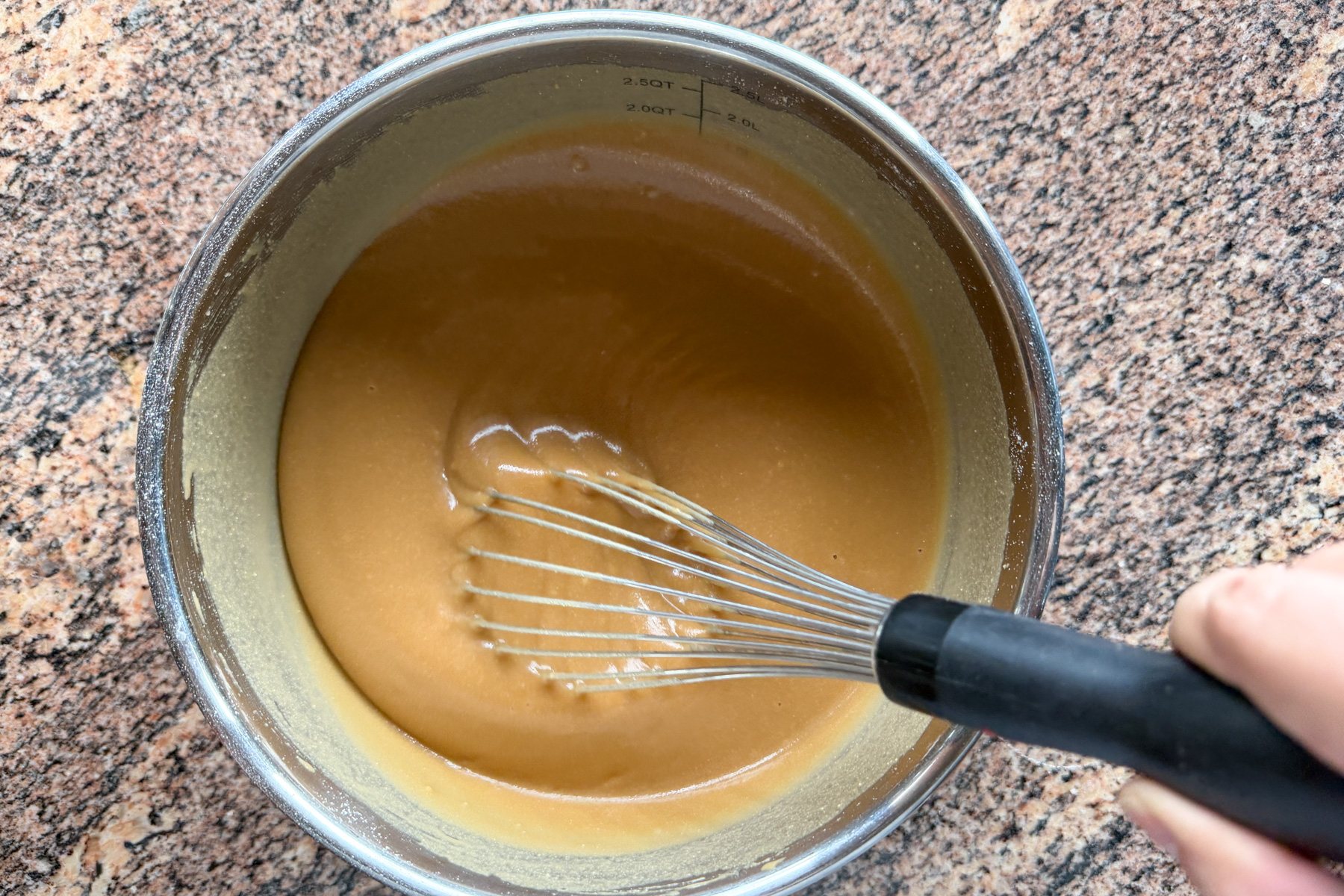 Mixing mochiko flour with a water-brick sugar mixture to make Nian Gao (Gau).