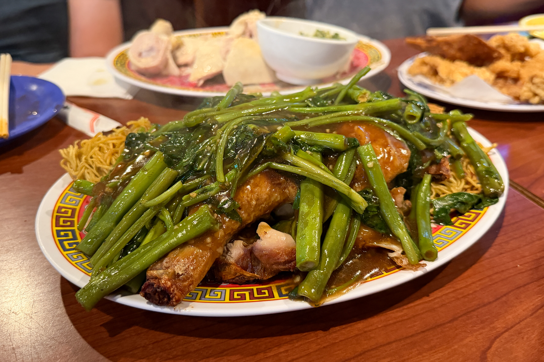 8 Fat Fat 8 cake noodle with special chicken and ong choy with ham har.