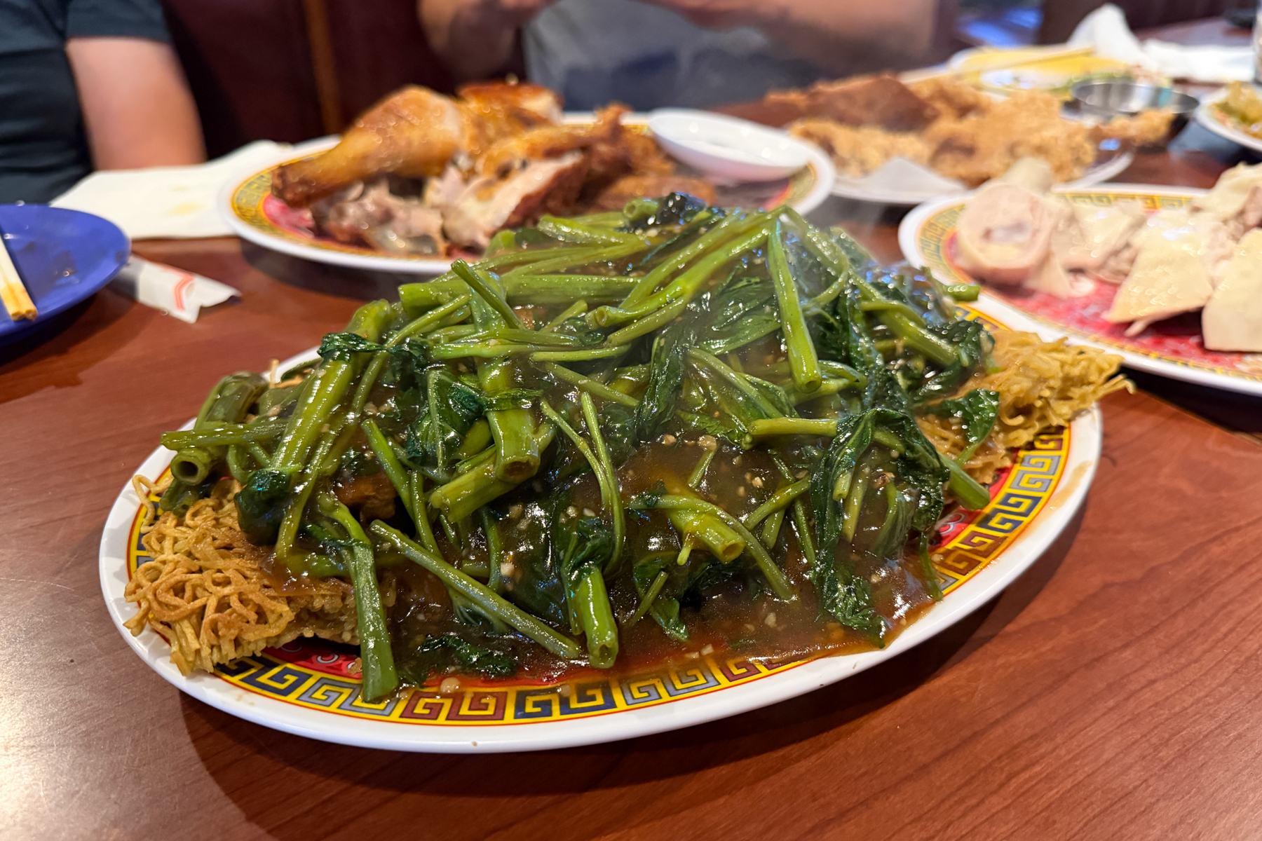 8 Fat Fat 8 cake noodle with special chicken and ong choy with ham har.