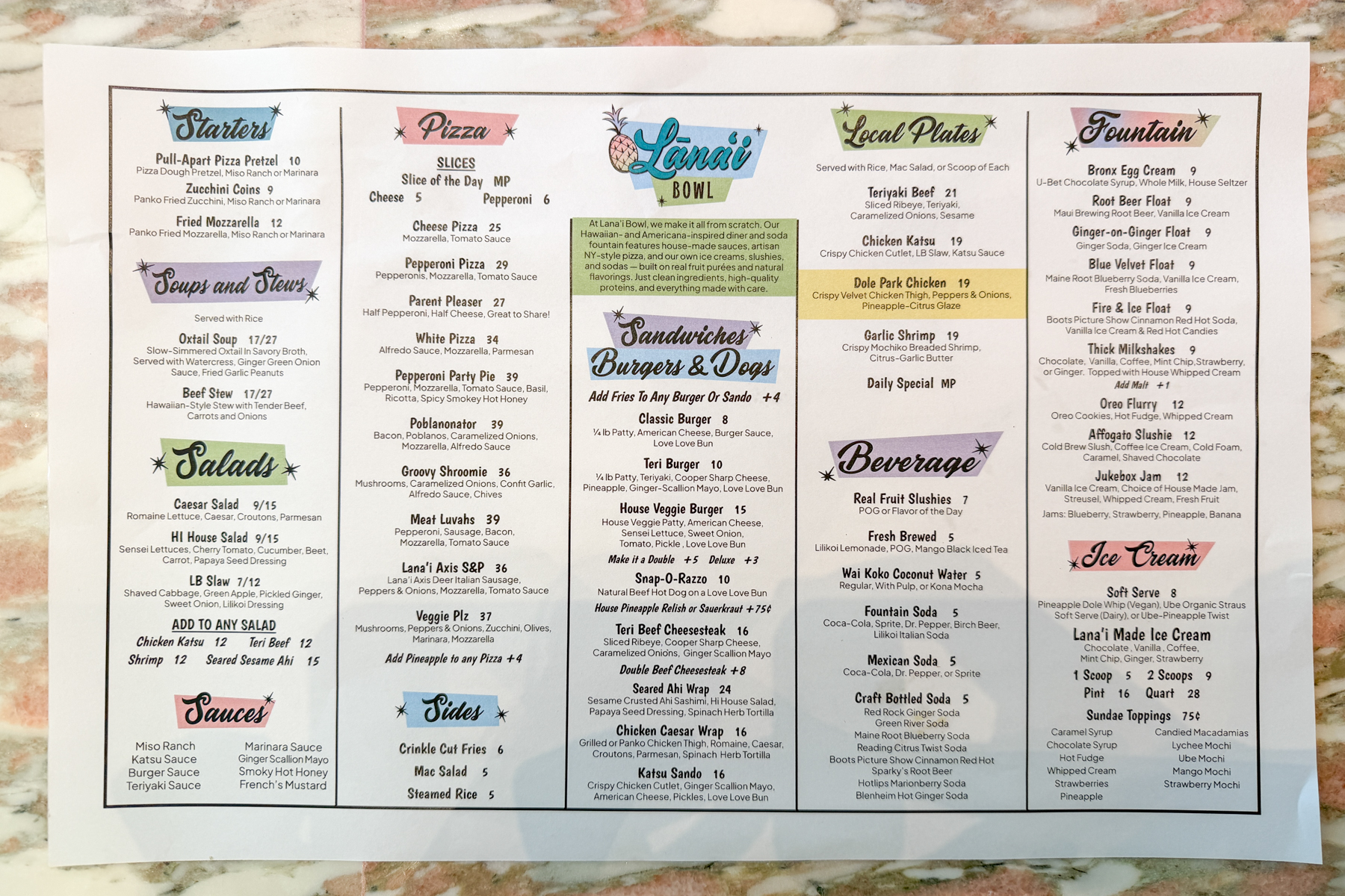 Food menu at Lanai Bowl.