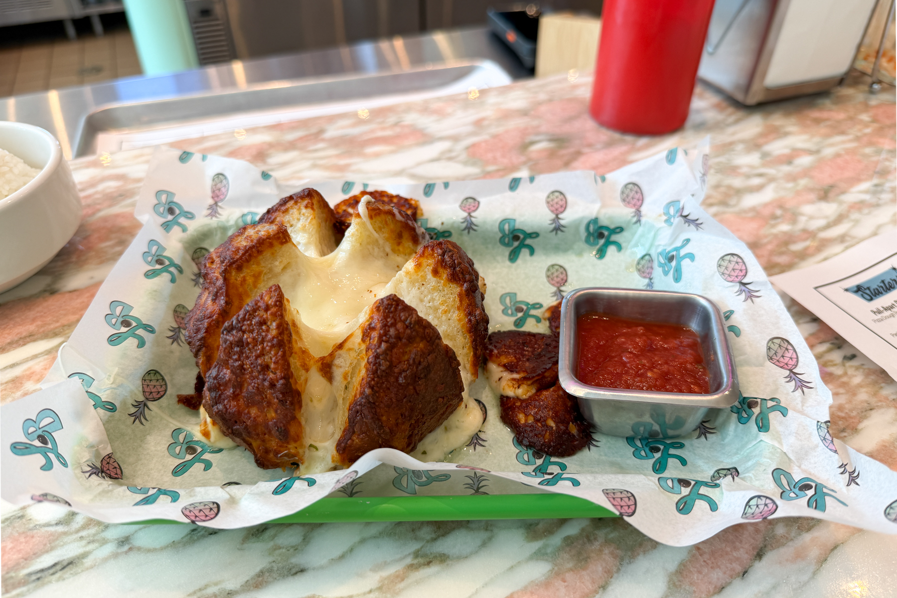 Pull apart pretzel pizza at Lanai Bowl.