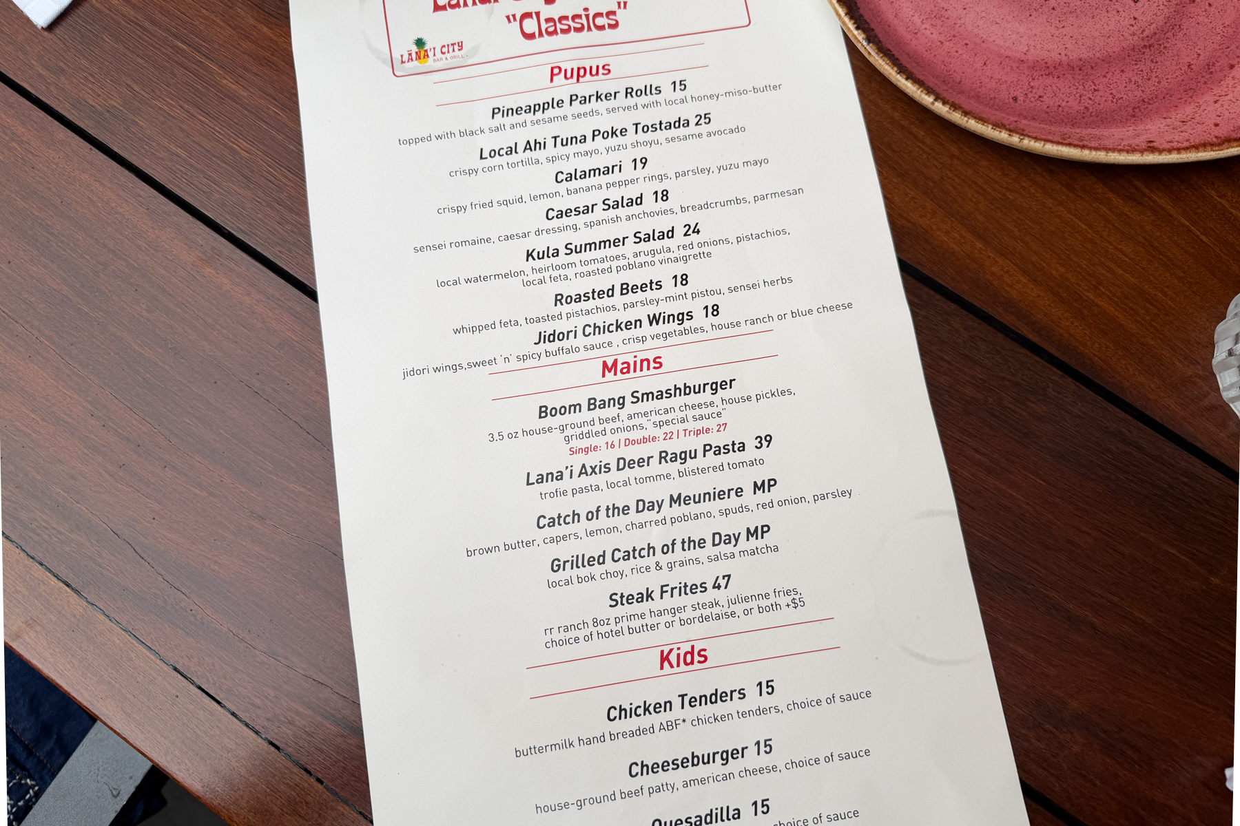 Lanai City Grill, menu.