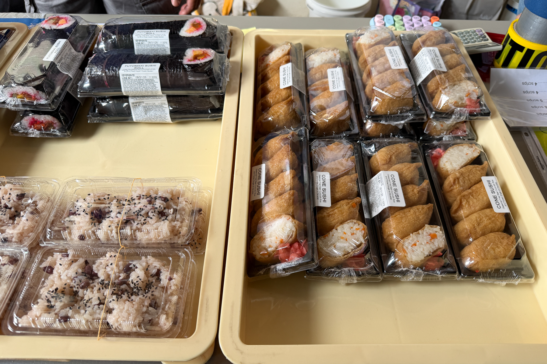 Tenrikyo Bazaar cone sushi and rice dishes.